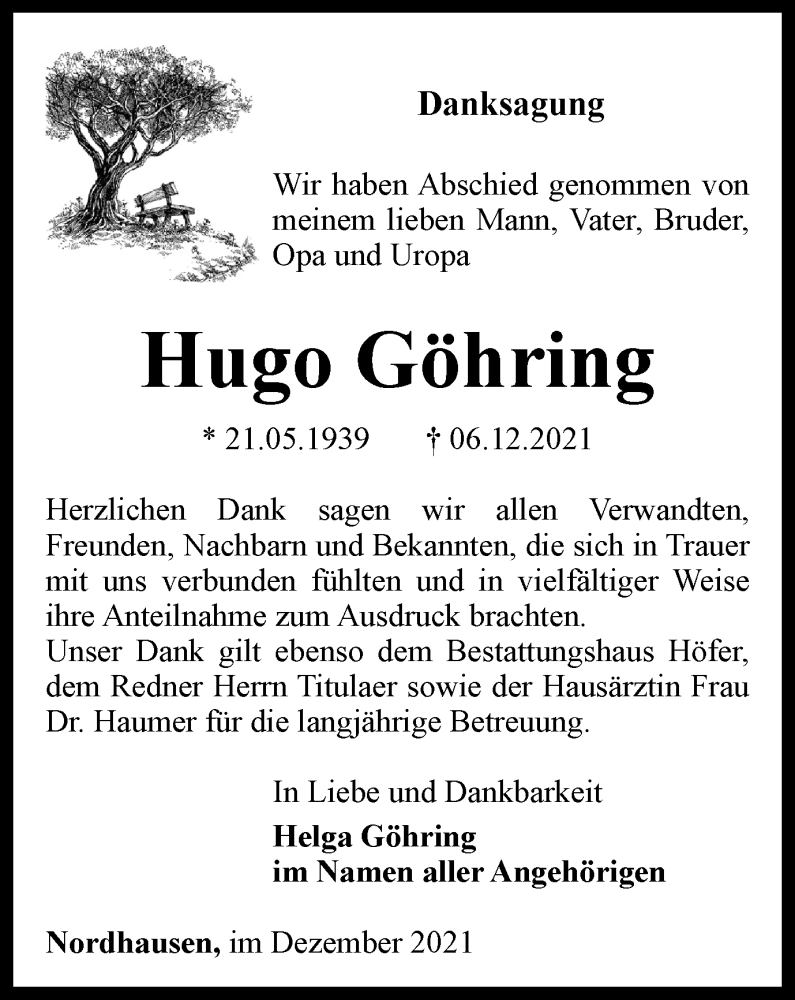  Traueranzeige für Hugo Göhring vom 04.01.2022 aus Thüringer Allgemeine