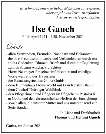 Traueranzeige von Ilse Gauch