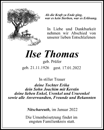 Traueranzeige von Ilse Thomas von Ostthüringer Zeitung
