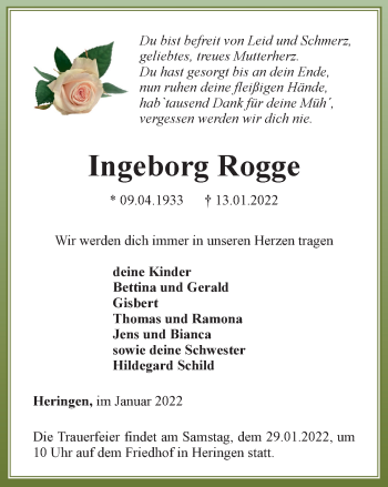 Traueranzeige von Ingeborg Rogge von Thüringer Allgemeine