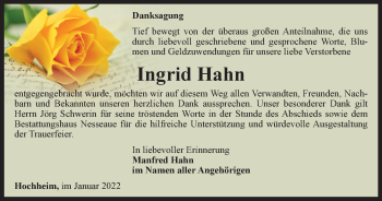 Traueranzeige von Ingrid Hahn von Thüringer Allgemeine, Thüringische Landeszeitung