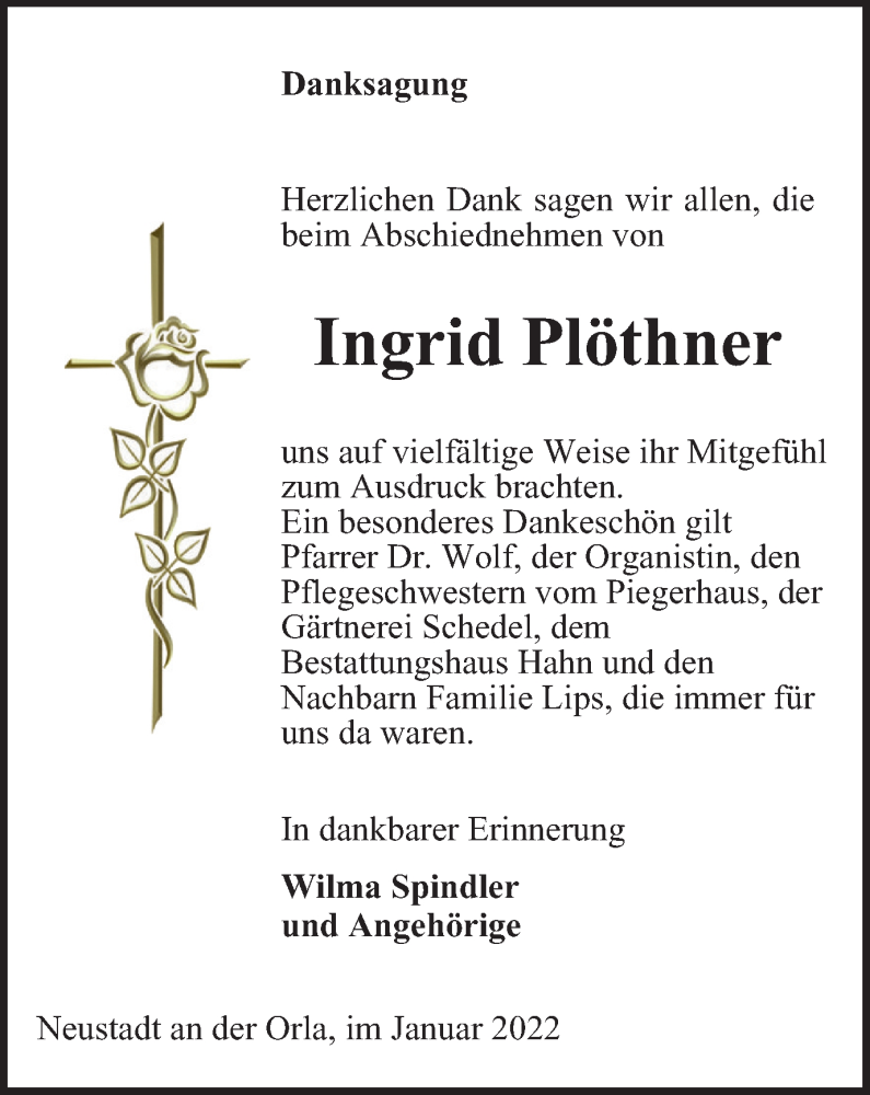  Traueranzeige für Ingrid Plöthner vom 21.01.2022 aus Ostthüringer Zeitung