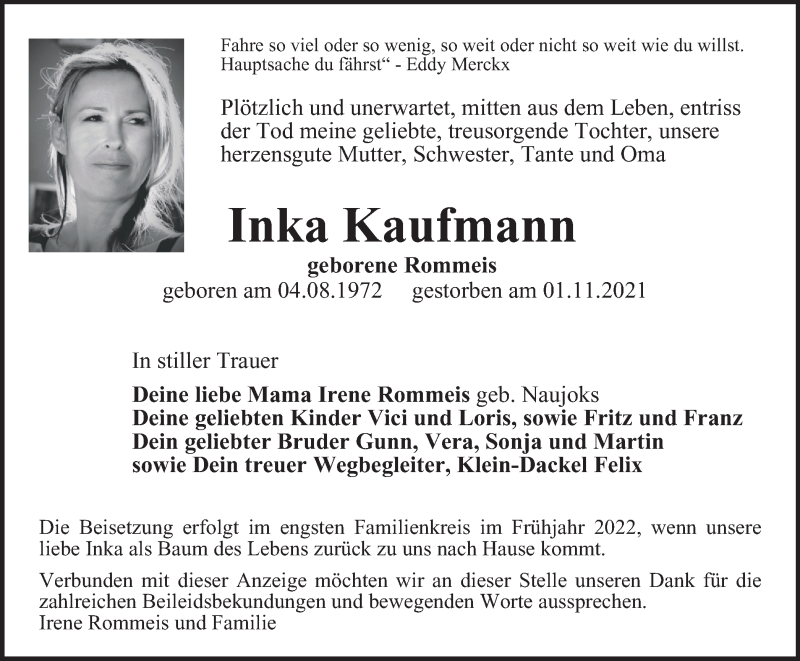  Traueranzeige für Inka Kaufmann vom 14.01.2022 aus Thüringer Allgemeine, Thüringische Landeszeitung