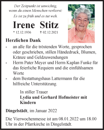 Traueranzeige von Irene Stitz von Thüringer Allgemeine