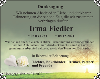 Traueranzeige von Irma Fiedler von Ostthüringer Zeitung