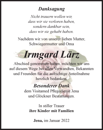 Traueranzeige von Irmgard Lärz von Thüringer Allgemeine