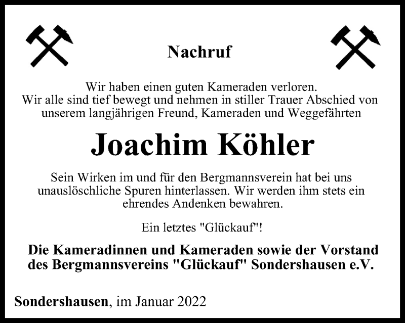  Traueranzeige für Joachim Köhler vom 08.01.2022 aus Thüringer Allgemeine