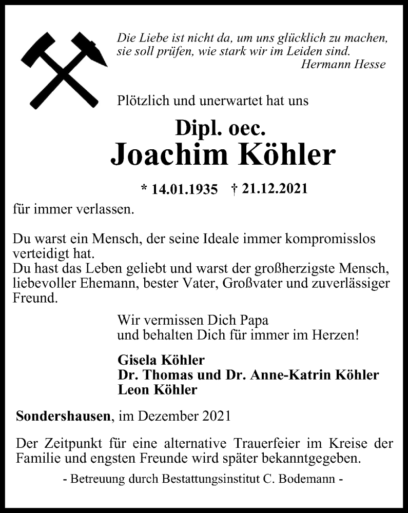  Traueranzeige für Joachim Köhler vom 04.01.2022 aus Thüringer Allgemeine
