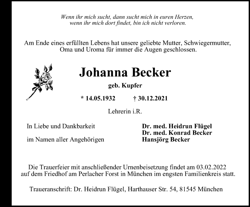  Traueranzeige für Johanna Becker vom 15.01.2022 aus Thüringer Allgemeine, Thüringische Landeszeitung