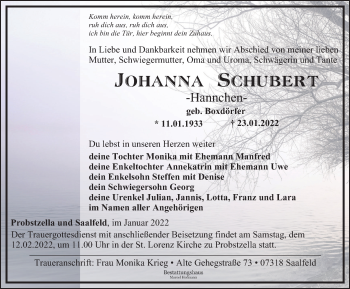 Traueranzeige von Johanna Schubert von Ostthüringer Zeitung