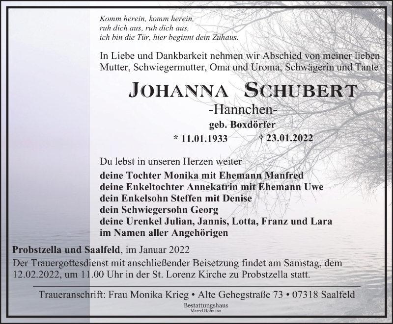  Traueranzeige für Johanna Schubert vom 29.01.2022 aus Ostthüringer Zeitung