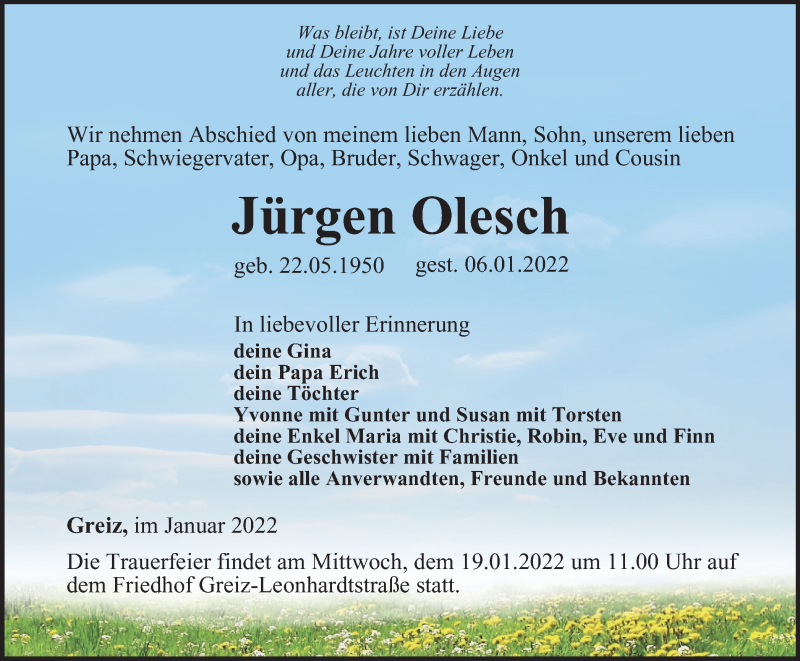  Traueranzeige für Jürgen Olesch vom 12.01.2022 aus Ostthüringer Zeitung