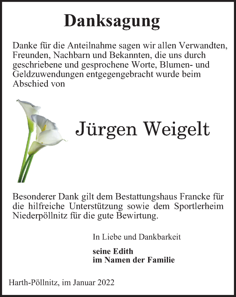  Traueranzeige für Jürgen Weigelt vom 15.01.2022 aus Ostthüringer Zeitung