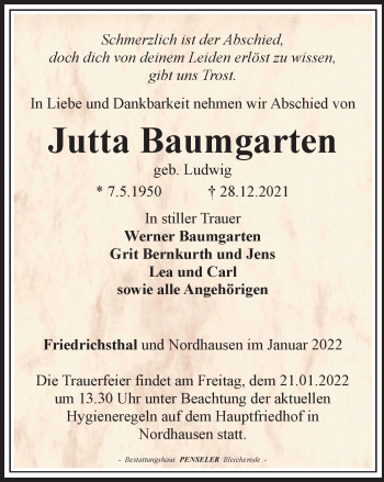 Traueranzeige von Jutta Baumgarten von Thüringer Allgemeine
