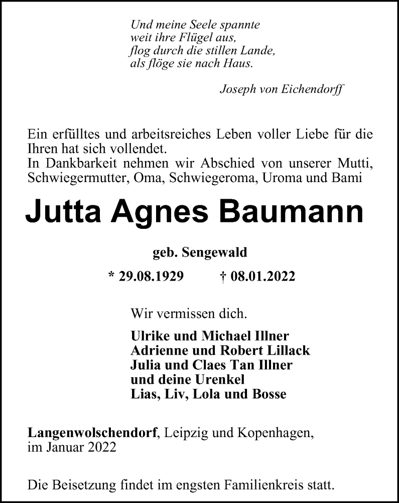  Traueranzeige für Jutta Agnes Baumann vom 15.01.2022 aus Ostthüringer Zeitung