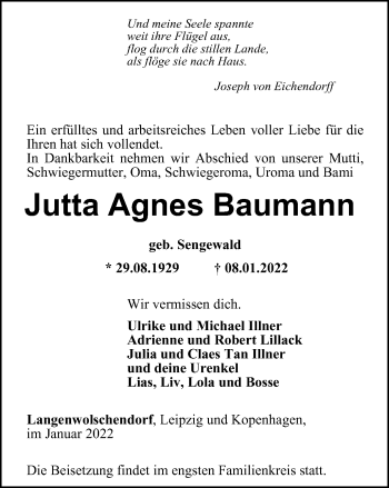 Traueranzeige von Jutta Agnes Baumann von Ostthüringer Zeitung