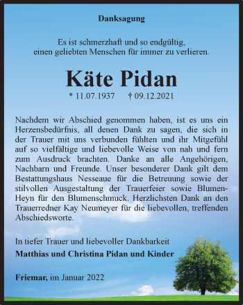 Traueranzeige von Käte Pidan von Thüringer Allgemeine, Thüringische Landeszeitung