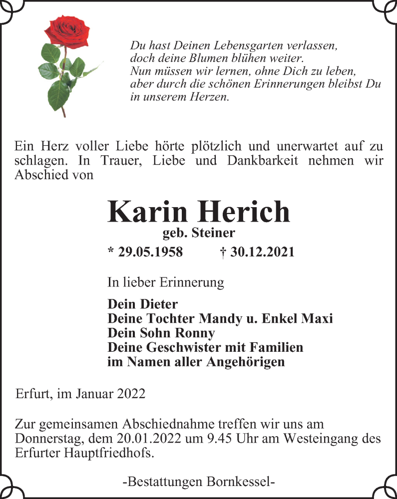  Traueranzeige für Karin Herich vom 08.01.2022 aus Thüringer Allgemeine, Thüringische Landeszeitung
