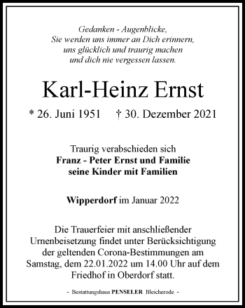 Traueranzeige von Karl-Heinz Ernst von Thüringer Allgemeine