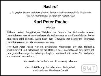 Traueranzeige von Karl Peter Pache von Ostthüringer Zeitung