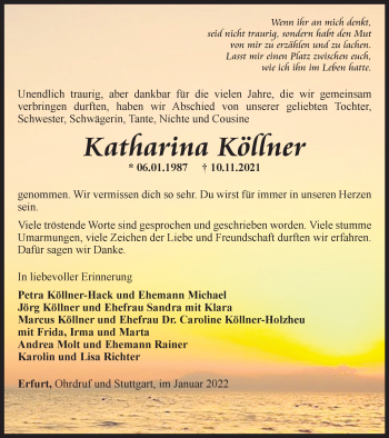 Traueranzeige von Katharina Köllner von Thüringer Allgemeine, Thüringische Landeszeitung