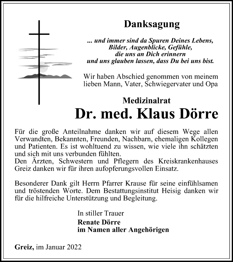  Traueranzeige für Klaus Dörre vom 07.01.2022 aus Ostthüringer Zeitung