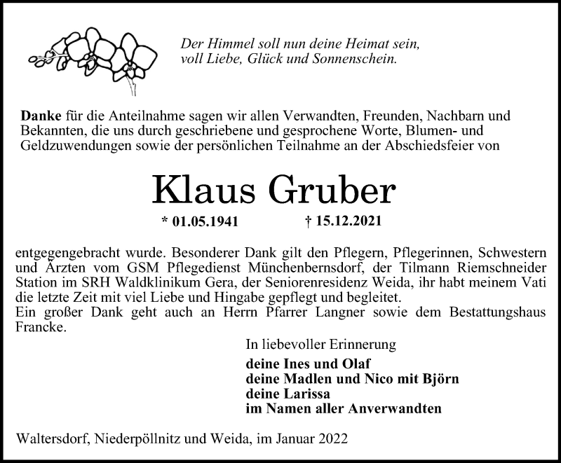  Traueranzeige für Klaus Gruber vom 22.01.2022 aus Ostthüringer Zeitung