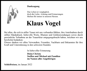 Traueranzeige von Klaus Vogel von Ostthüringer Zeitung