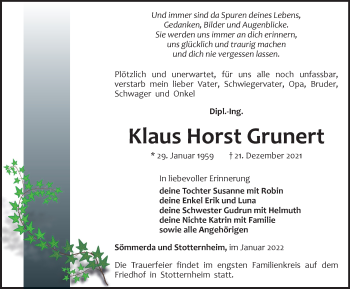 Traueranzeige von Klaus Horst Grunert von Thüringer Allgemeine, Thüringische Landeszeitung