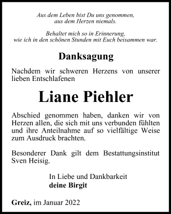Traueranzeige von Liane Piehler von Ostthüringer Zeitung