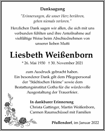 Traueranzeige von Liesbeth Weißenborn von Thüringer Allgemeine, Thüringische Landeszeitung