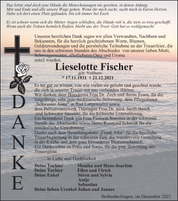 Traueranzeige von Lieselotte Fischer von Thüringer Allgemeine, Thüringische Landeszeitung