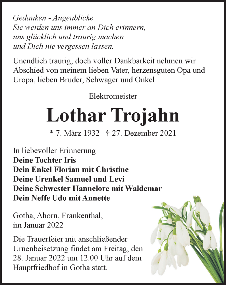  Traueranzeige für Lothar Trojahn vom 04.01.2022 aus Thüringer Allgemeine, Thüringische Landeszeitung