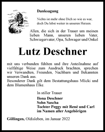 Traueranzeige von Lutz Deschner von Thüringer Allgemeine