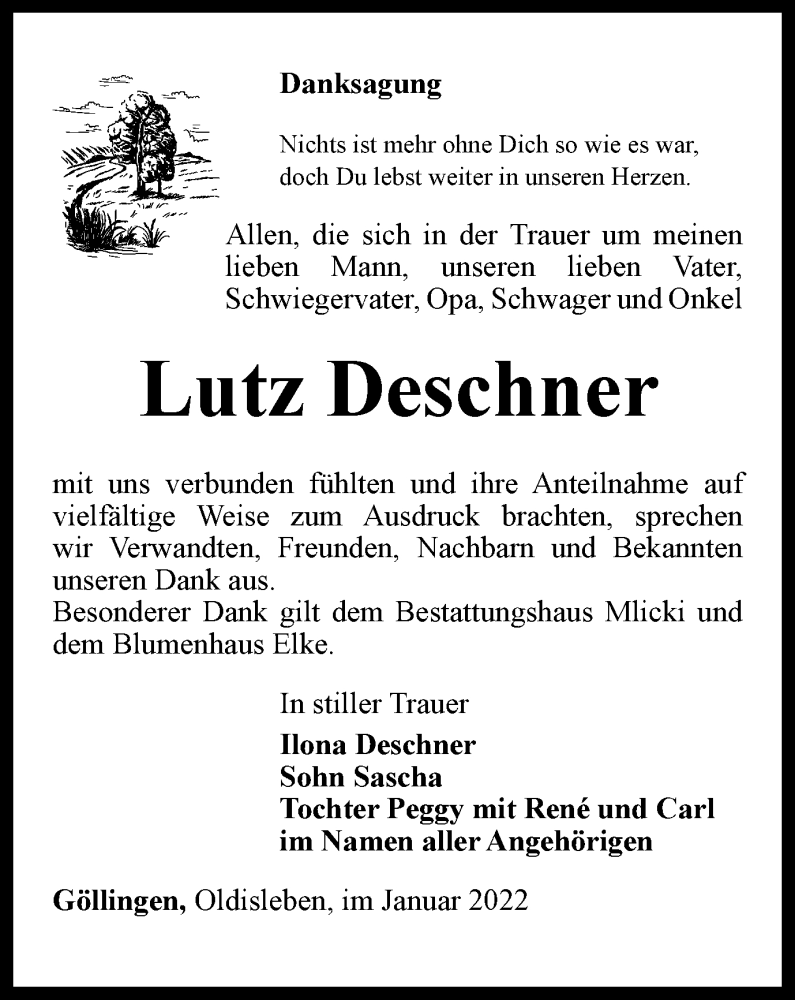  Traueranzeige für Lutz Deschner vom 22.01.2022 aus Thüringer Allgemeine