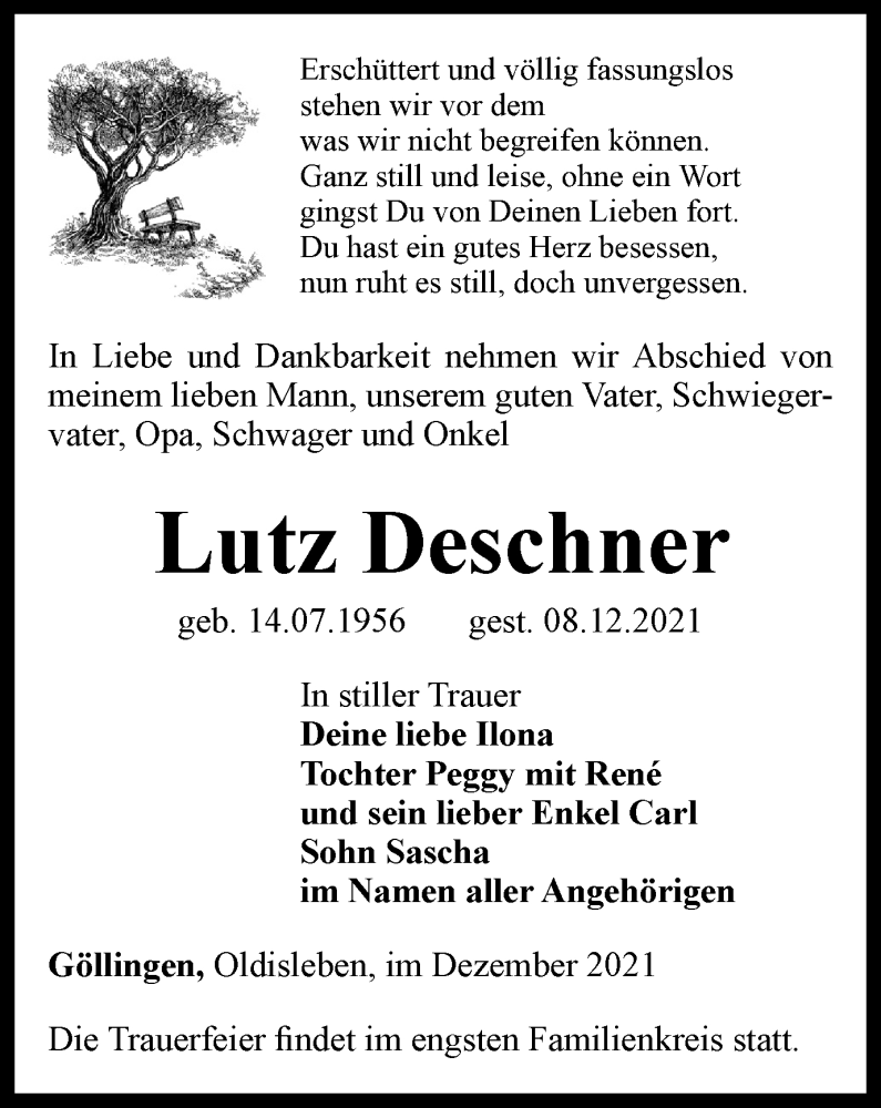  Traueranzeige für Lutz Deschner vom 07.01.2022 aus Thüringer Allgemeine