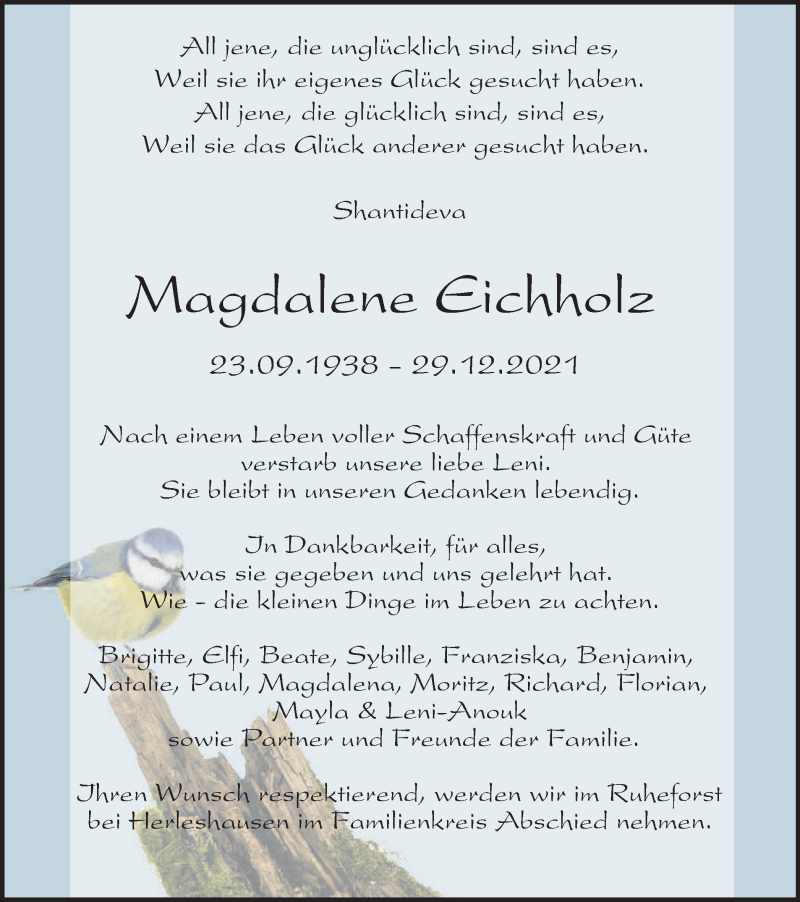  Traueranzeige für Magdalene Eichholz vom 15.01.2022 aus Thüringer Allgemeine, Thüringische Landeszeitung