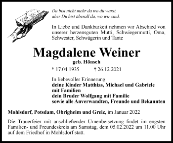 Traueranzeige von Magdalene Weiner von Ostthüringer Zeitung