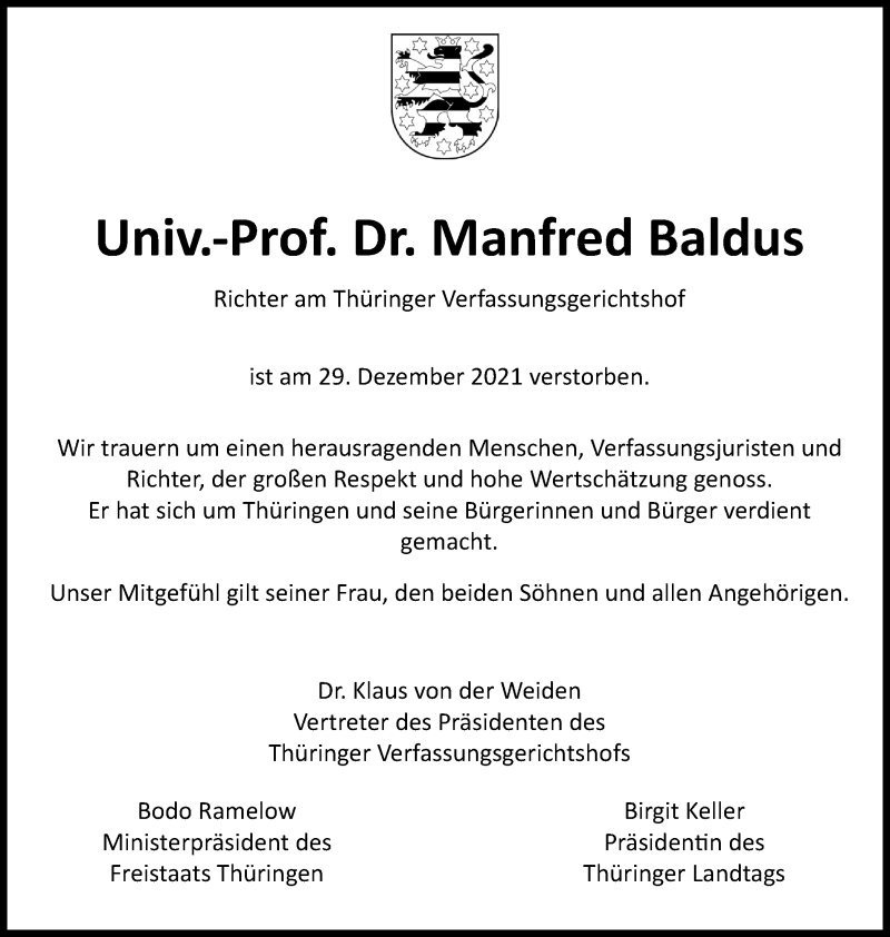  Traueranzeige für Manfred Baldus vom 15.01.2022 aus Thüringer Allgemeine, Thüringische Landeszeitung, Ostthüringer Zeitung