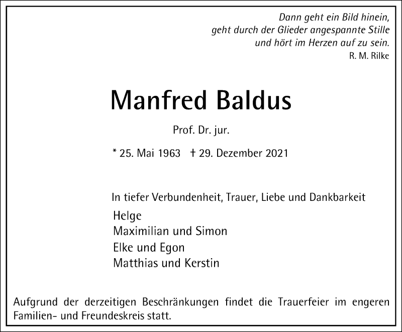  Traueranzeige für Manfred Baldus vom 15.01.2022 aus Thüringer Allgemeine, Thüringische Landeszeitung