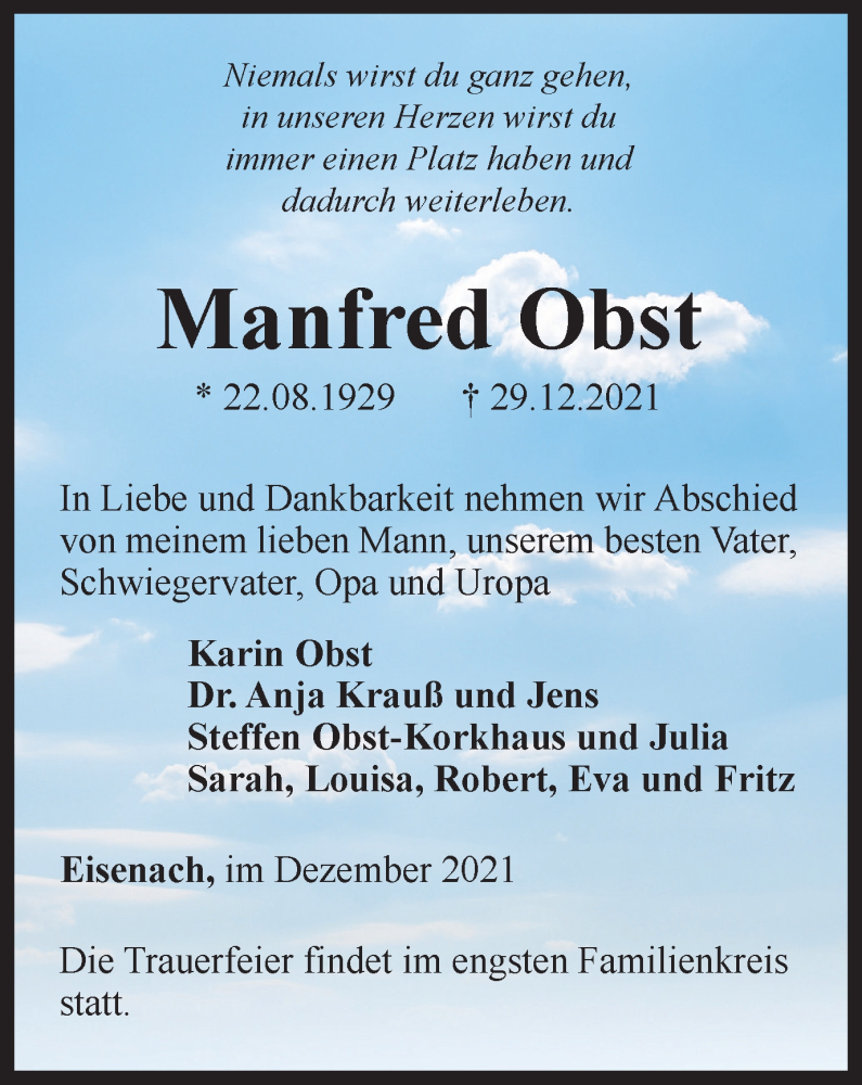  Traueranzeige für Manfred Obst vom 05.01.2022 aus Thüringer Allgemeine, Thüringische Landeszeitung