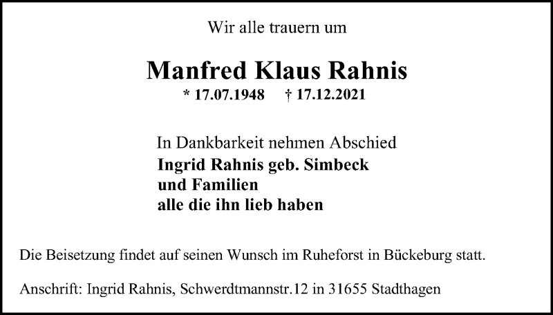  Traueranzeige für Manfred Klaus Rahnis vom 04.01.2022 aus Thüringer Allgemeine, Thüringische Landeszeitung