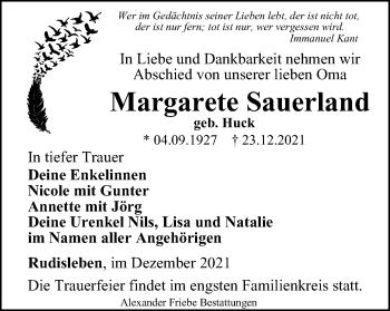 Traueranzeige von Margarete Sauerland von Thüringer Allgemeine