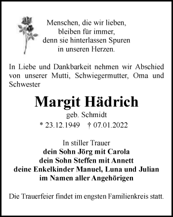 Traueranzeige von Margit Hädrich von Ostthüringer Zeitung, Thüringische Landeszeitung