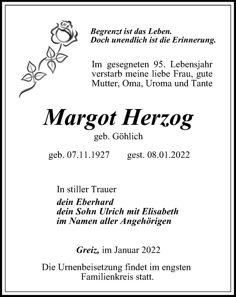  Traueranzeige für Margot Herzog vom 14.01.2022 aus Ostthüringer Zeitung
