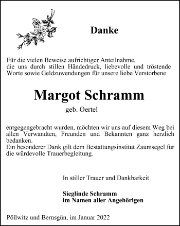 Traueranzeige von Margot Schramm von Ostthüringer Zeitung