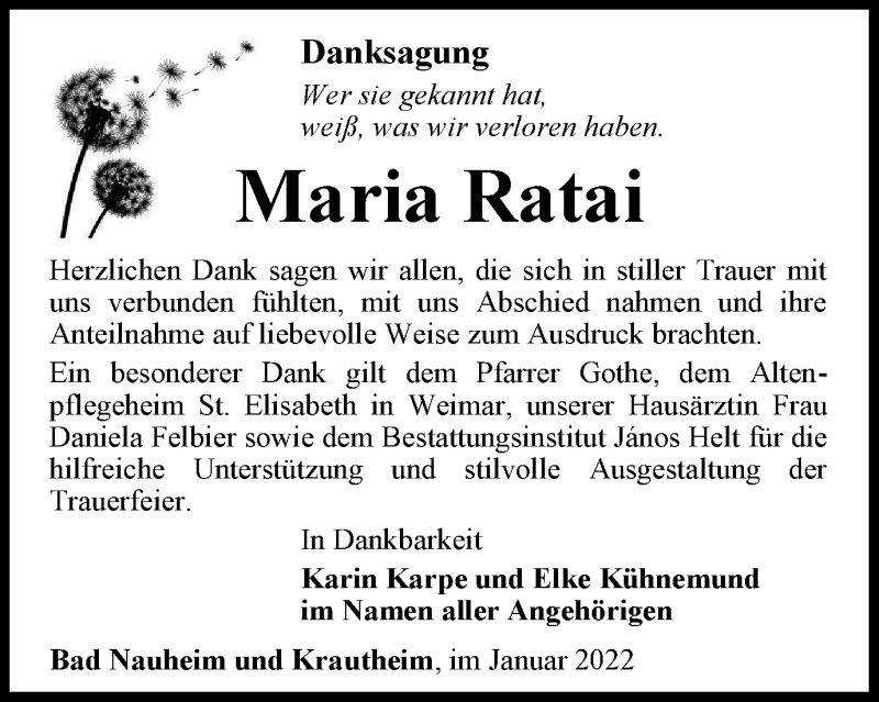  Traueranzeige für Maria Ratai vom 22.01.2022 aus Thüringer Allgemeine