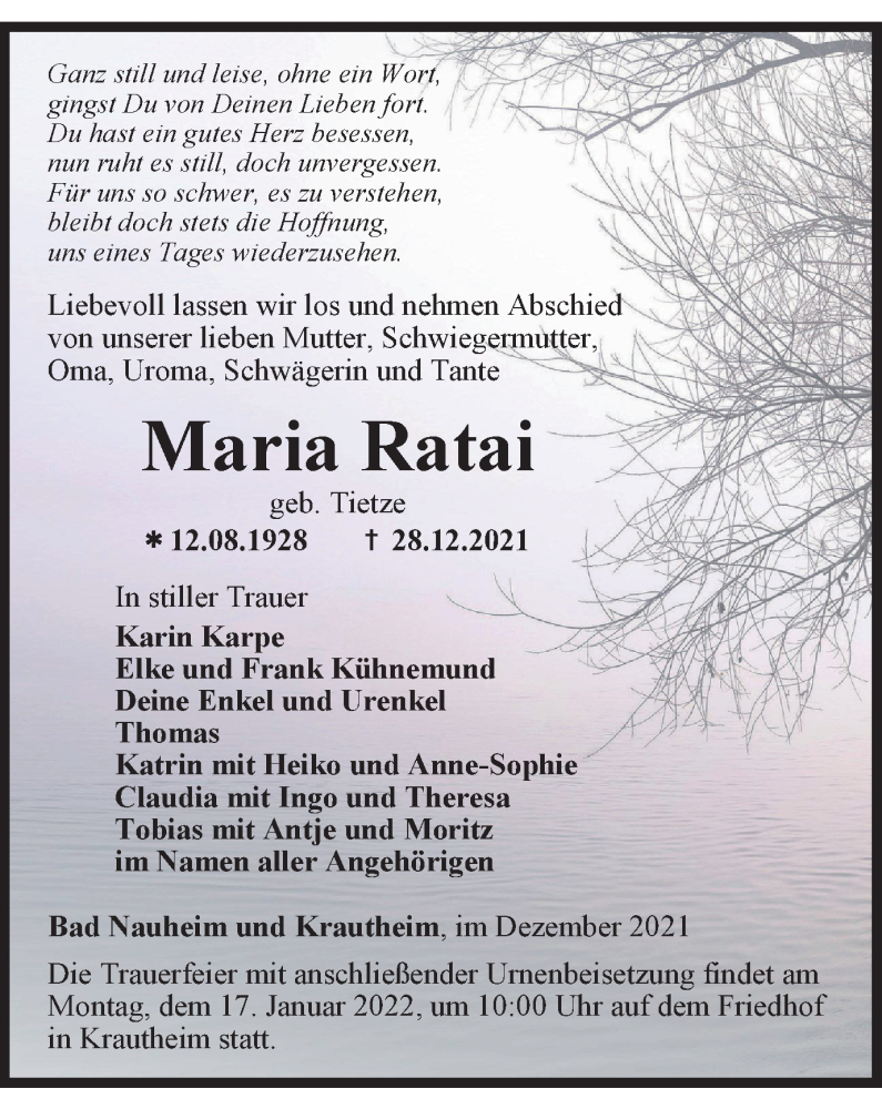  Traueranzeige für Maria Ratai vom 08.01.2022 aus Thüringer Allgemeine