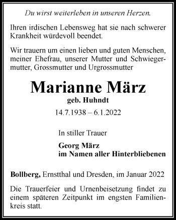 Traueranzeige von Marianne März von Ostthüringer Zeitung