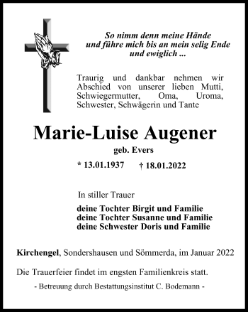 Traueranzeige von Marie-Luise Augener